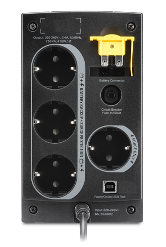 Источник БП APC Back-UPS 750VA/415W, 230V, 4 Schuko outlets (1 Surge & 3 batt.), USB, user repl. bat